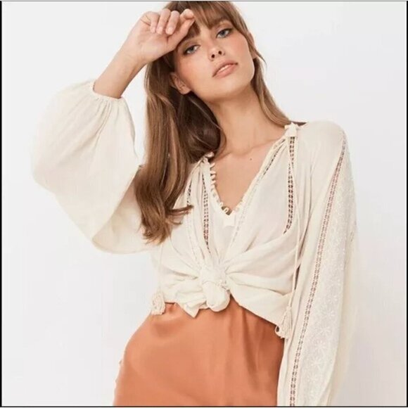 Spell Loves Me Not Embroidered Button Front Boho Cream Cotton Blouse Top Medium - Picture 2 of 10
